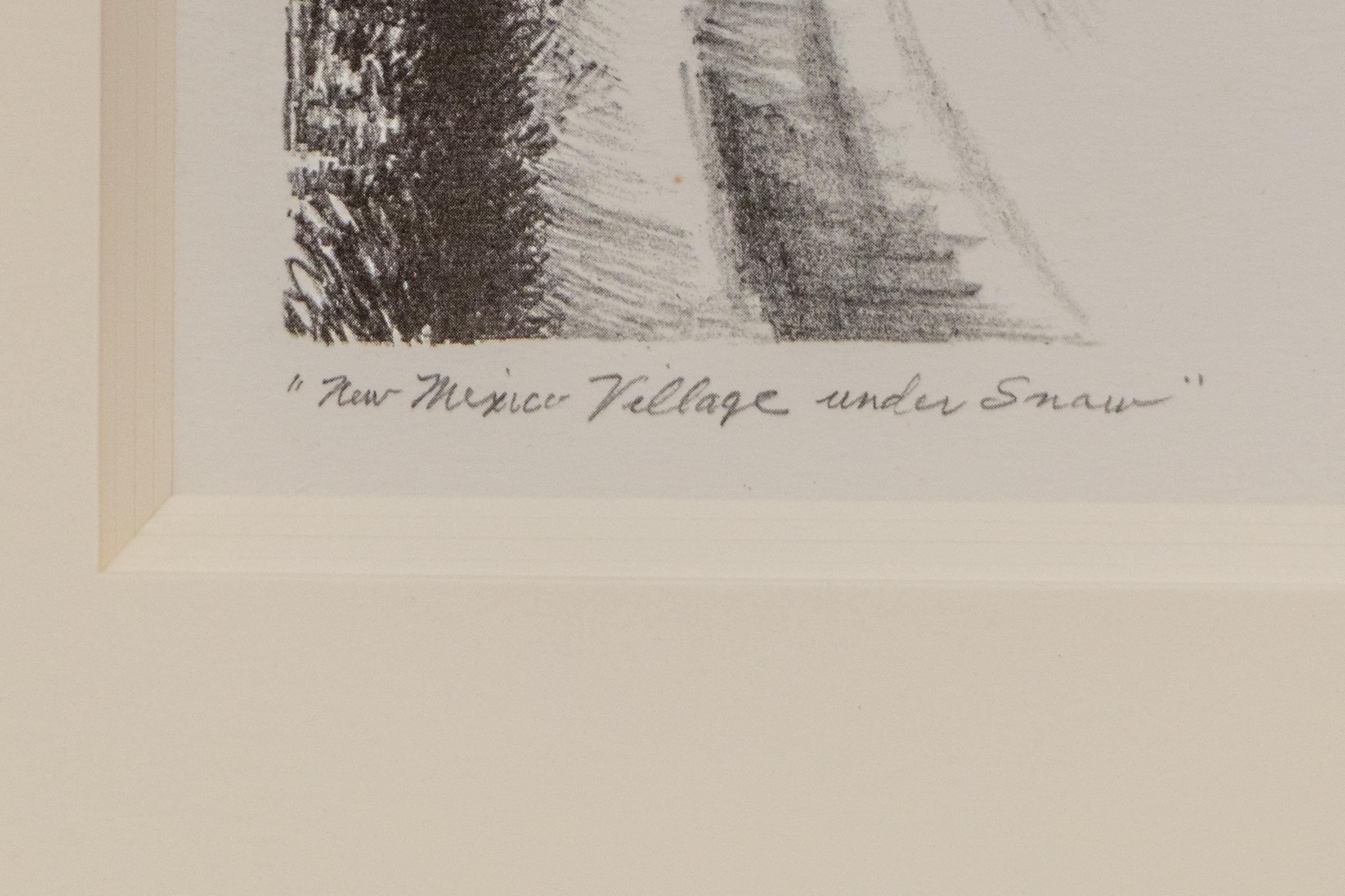 Litografia invernale del 1950 firmata New Mexico - Paesaggio innevato originale d'epoca in vendita 1
