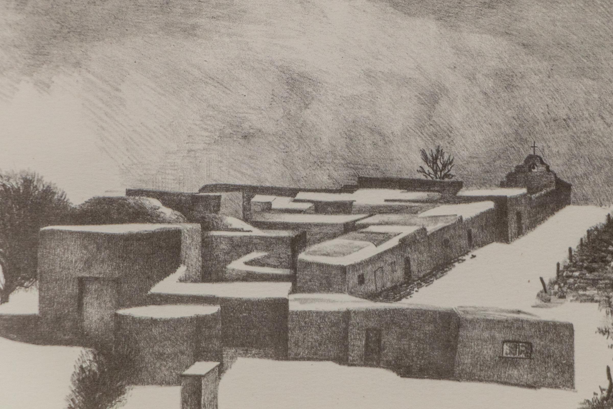 Litografia invernale del 1950 firmata New Mexico - Paesaggio innevato originale d'epoca in vendita 2