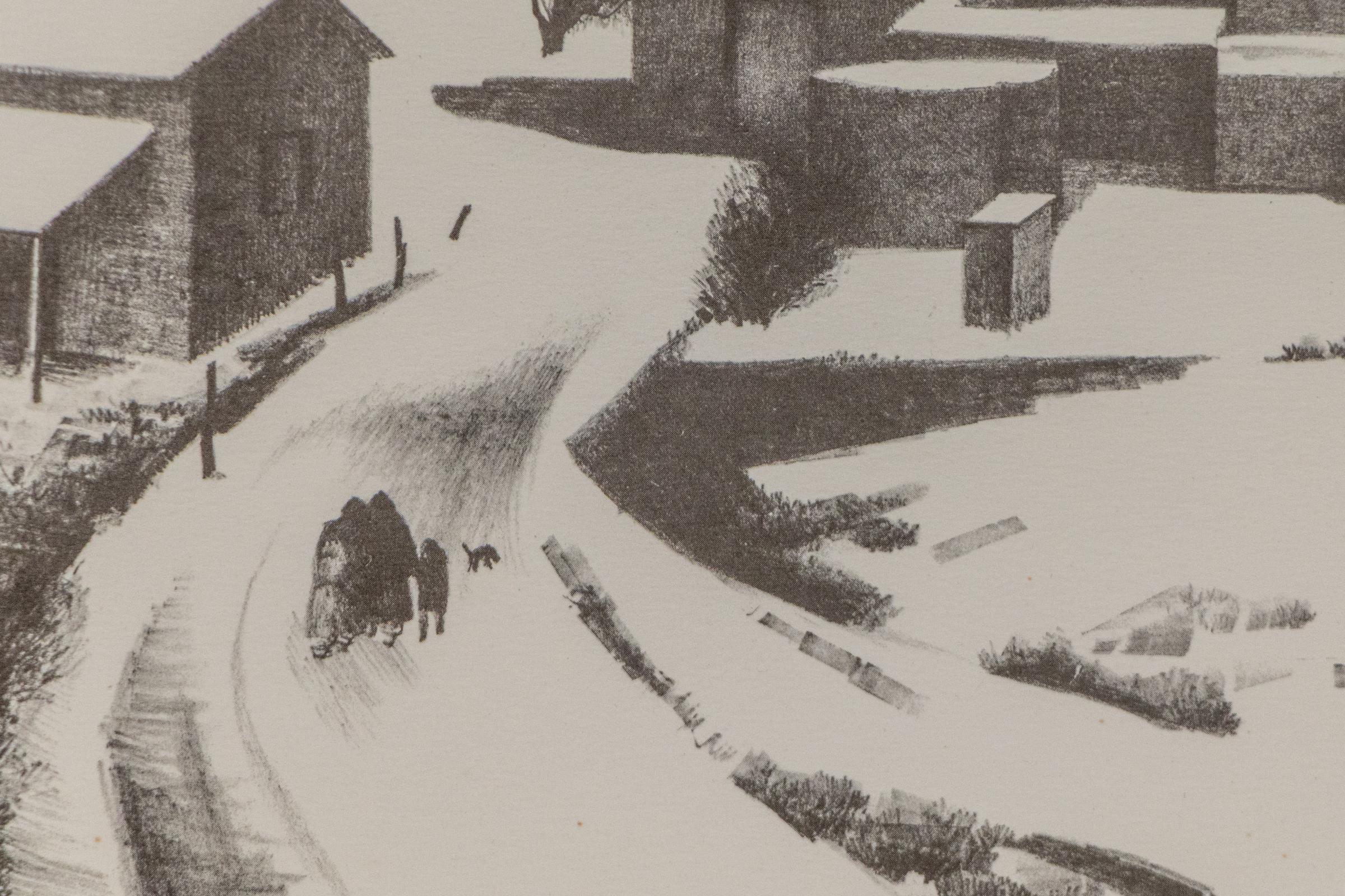 Litografia invernale del 1950 firmata New Mexico - Paesaggio innevato originale d'epoca in vendita 3