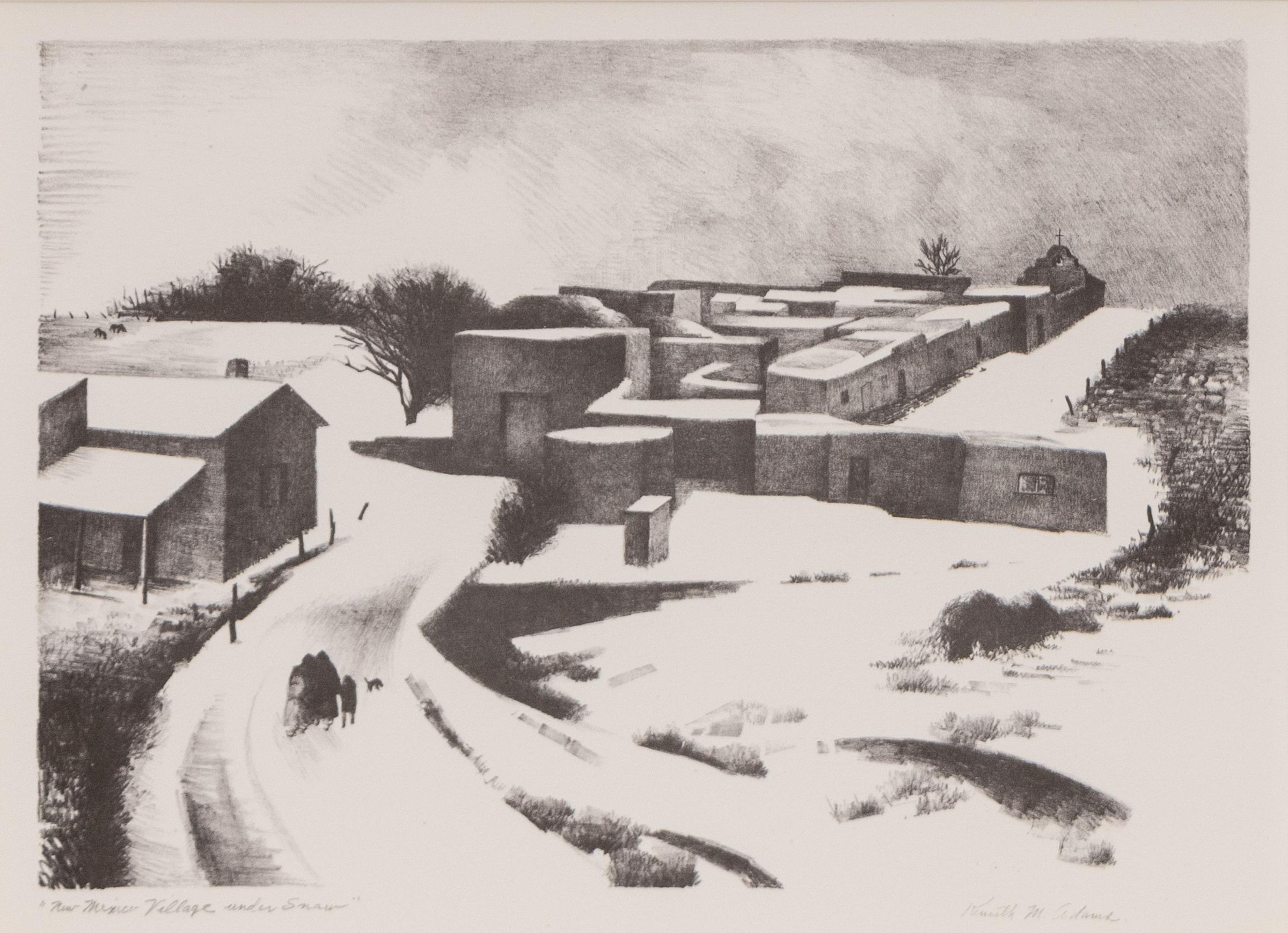 Litografia invernale del 1950 firmata New Mexico - Paesaggio innevato originale d'epoca - Print di Kenneth Miller Adams