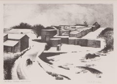1950s Signed New Mexico Winter Lithograph – Original Vintage Snowy Landscape Art