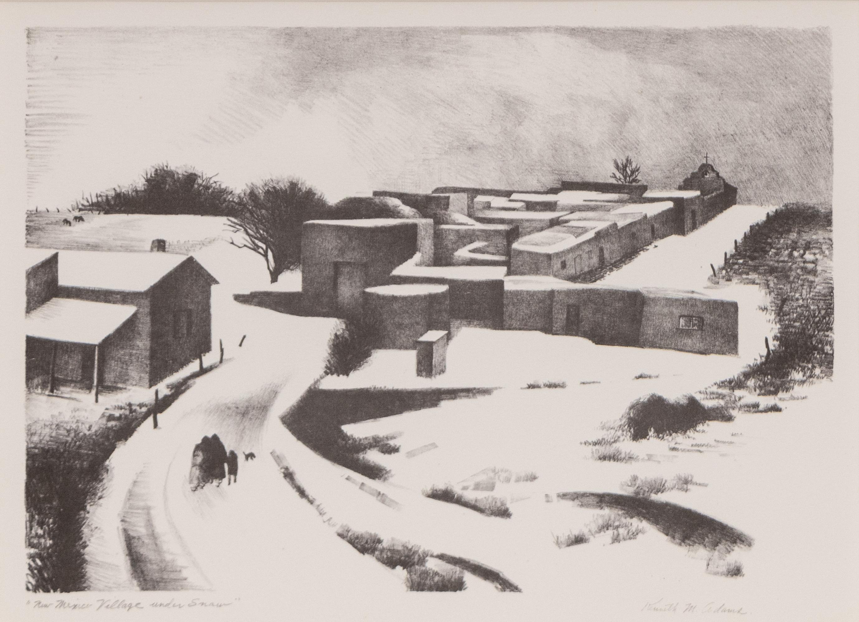 1950s Signed New Mexico Winter Lithograph – Original Vintage Snowy Landscape Art