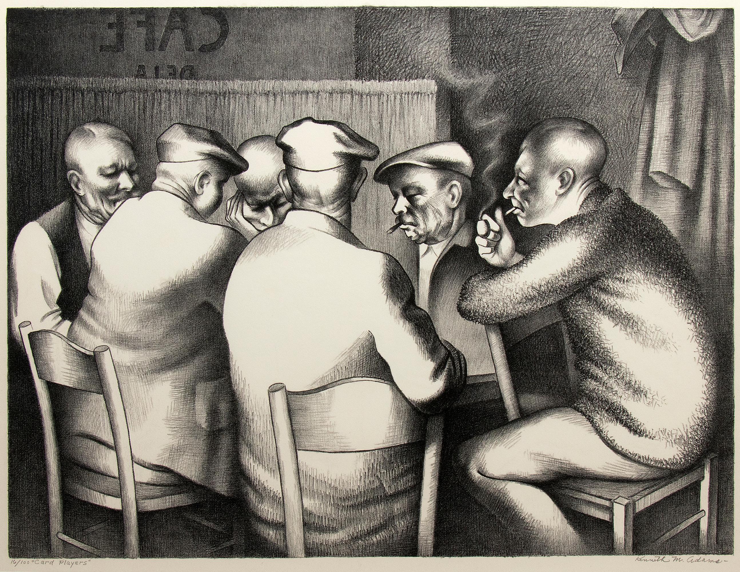 Interior Print Kenneth Miller Adams - Joueurs de cartes (16/100), 1959, impression lithographique figurative encadrée, scène d'intérieur