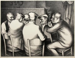 Kartenspieler (16/100), 1959 Gerahmter figurativer Lithographiedruck, Interieurszene