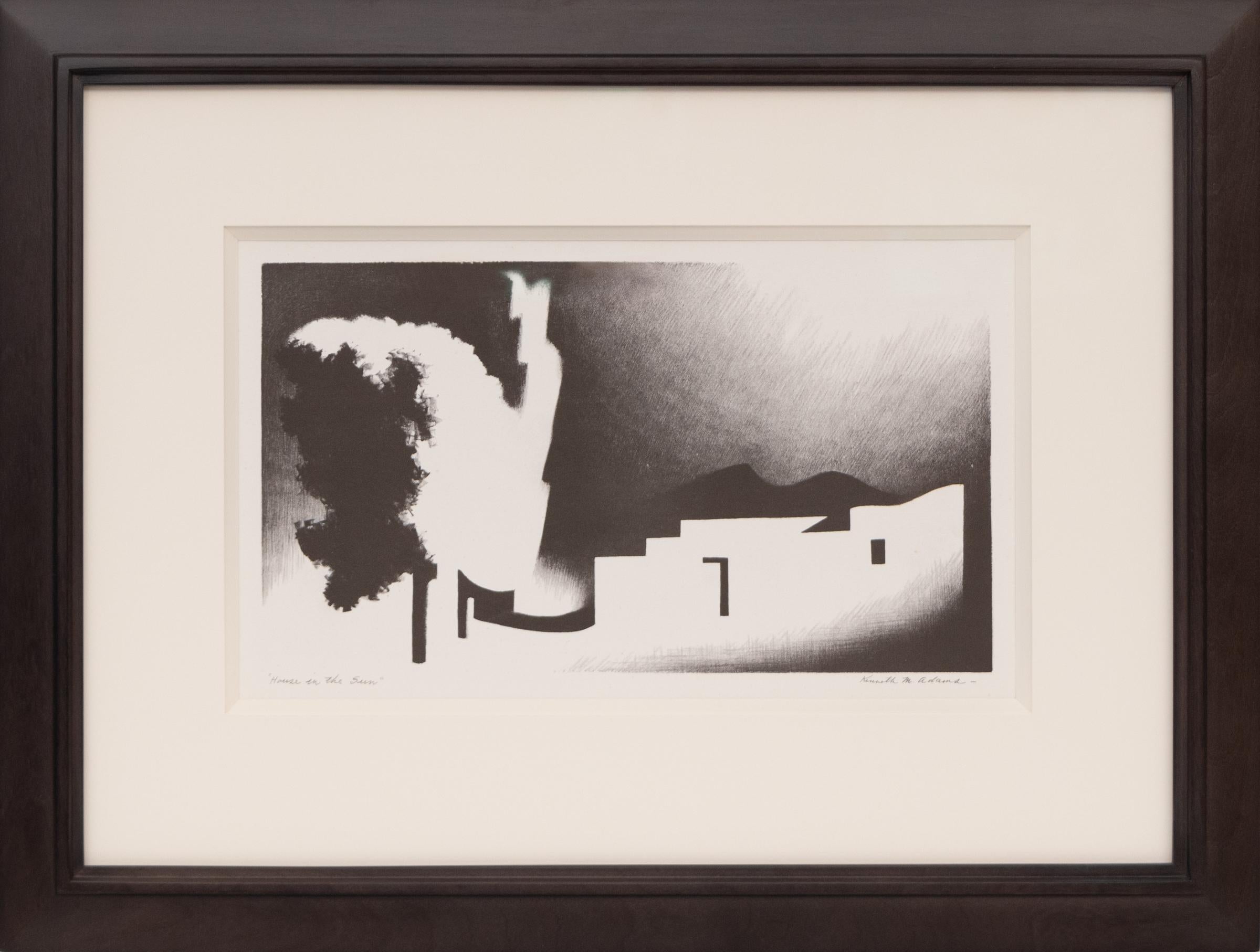 House in the Sun, 1950s Modernist Black & White Lithograph of New Mexico Adobe - Print by Kenneth Miller Adams