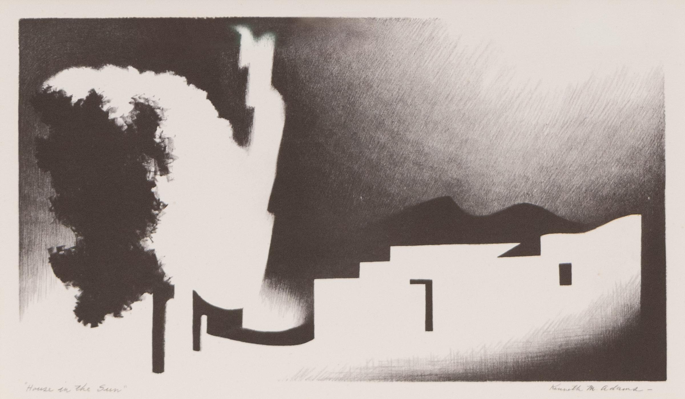 House in the Sun, 1950s Modernist Black & White Lithograph of New Mexico Adobe