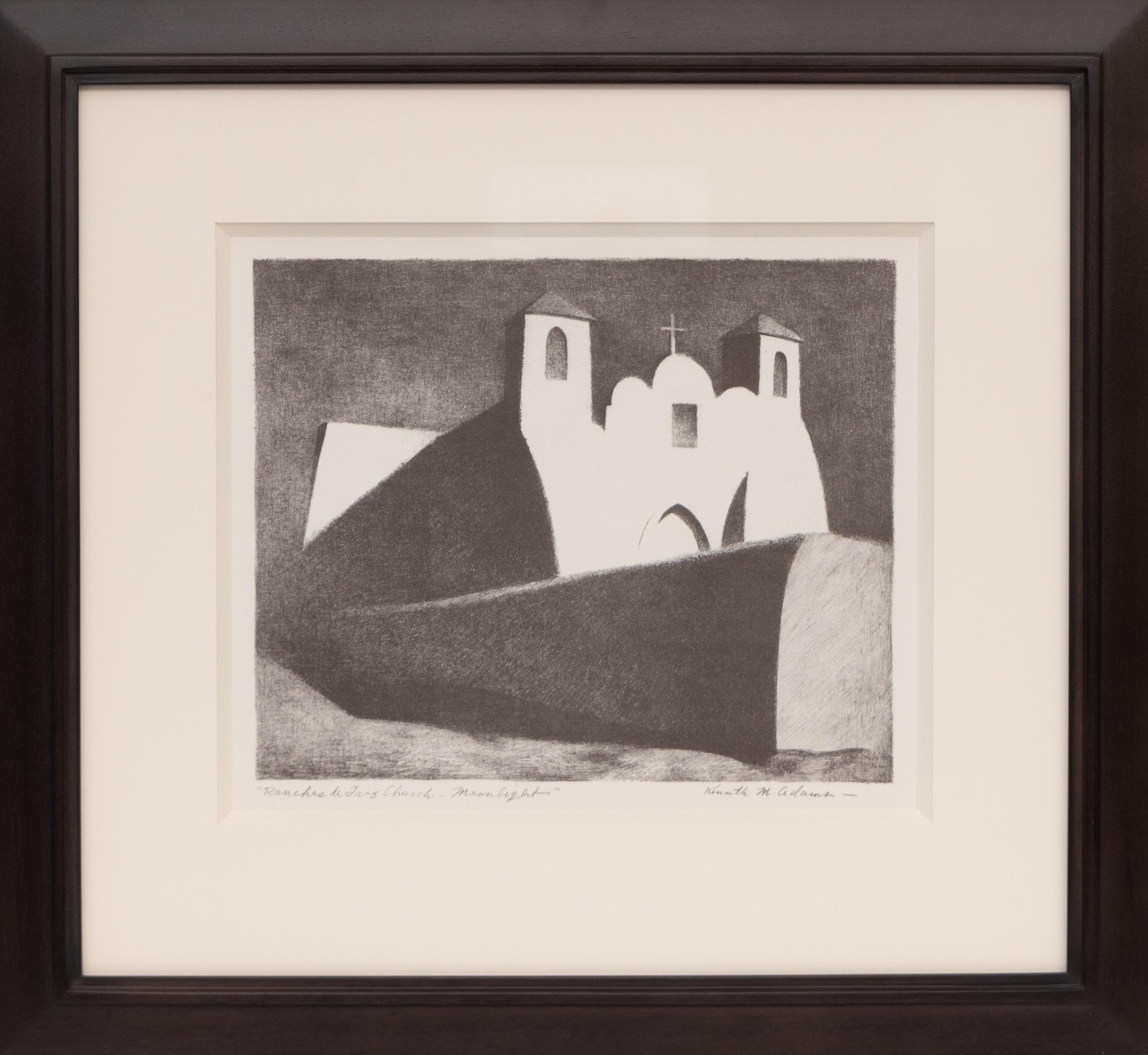“Ranchos de Taos Church Moonlight” 1950 Lithograph by Kenneth Miller Adams For Sale 1