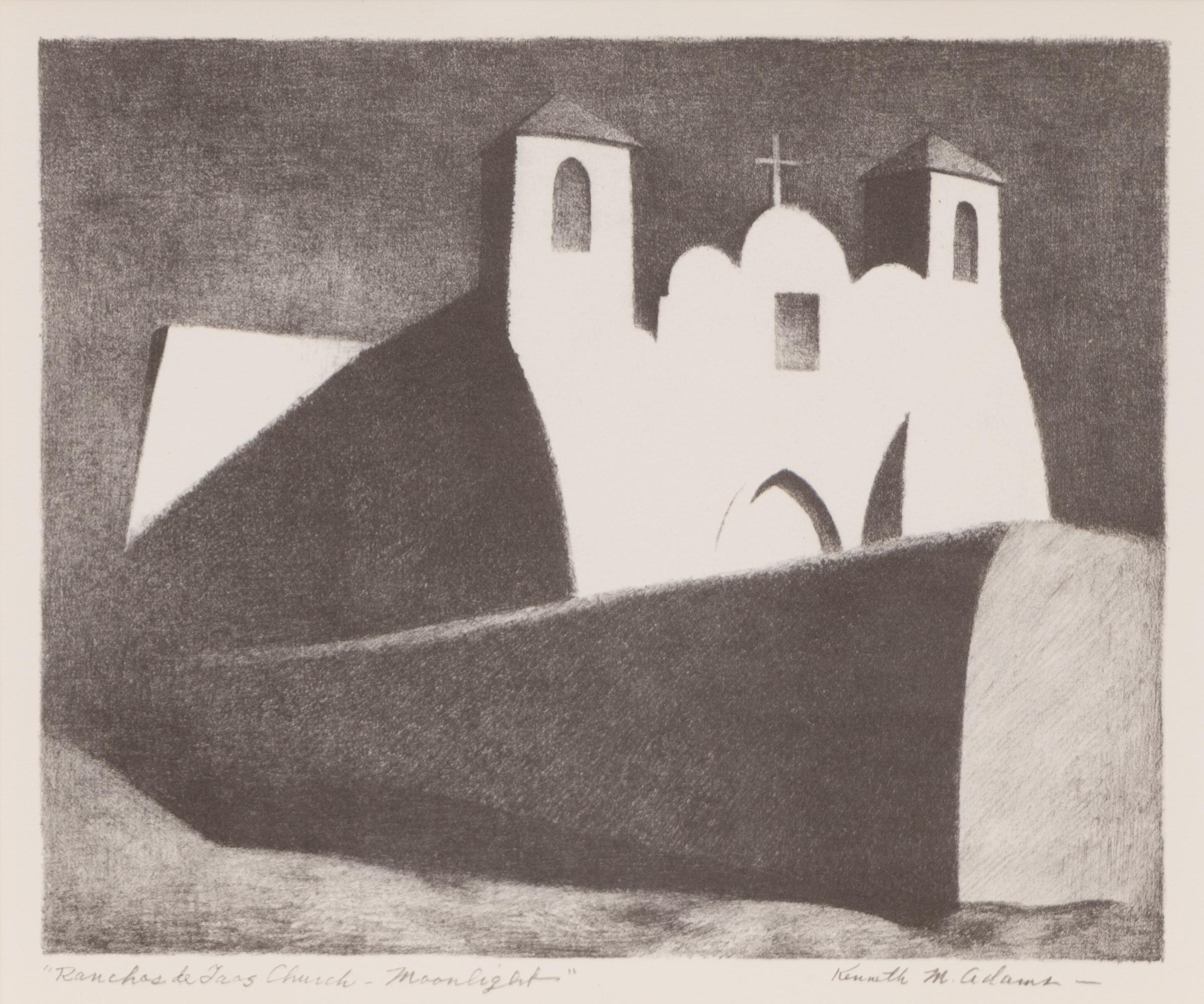 This captivating 1950 lithograph by renowned New Mexico artist Kenneth Miller Adams beautifully captures the iconic Ranchos de Taos Church bathed in serene moonlight. A celebrated subject of Southwestern art, the church’s adobe silhouette is