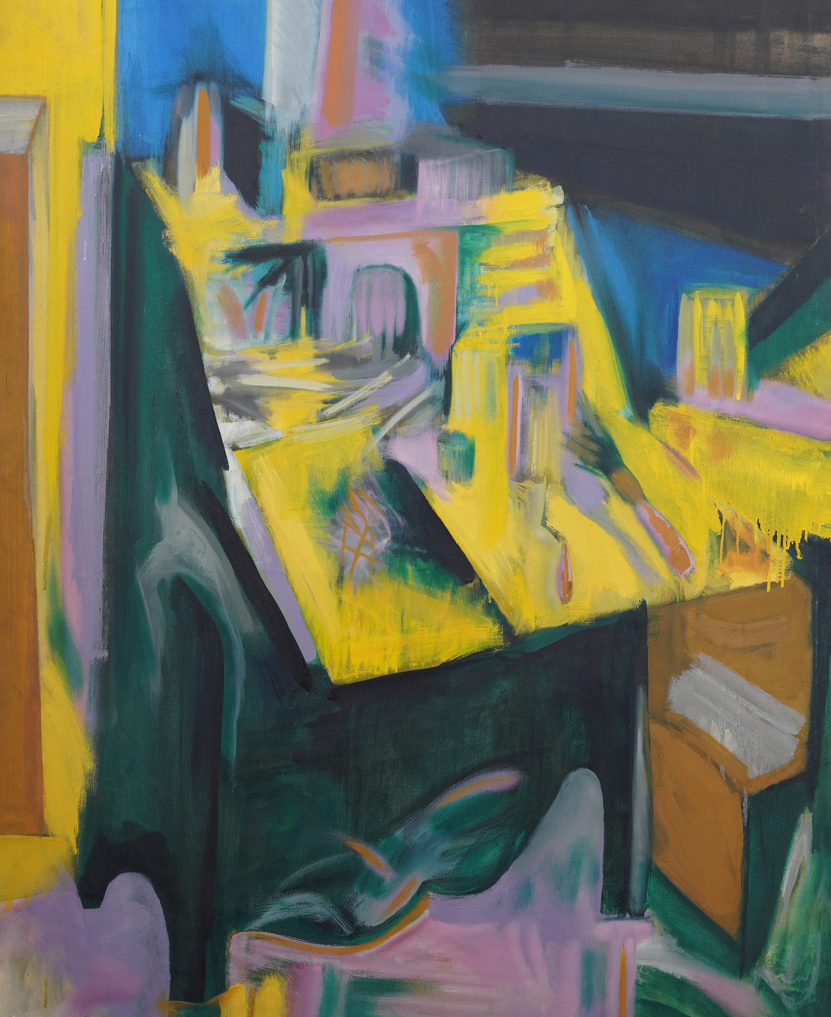 Antico dipinto ad olio americano di grandi dimensioni, espressionista astratto, incorniciato e raro - Abstract Painting Grigio di Kenneth Munowitz