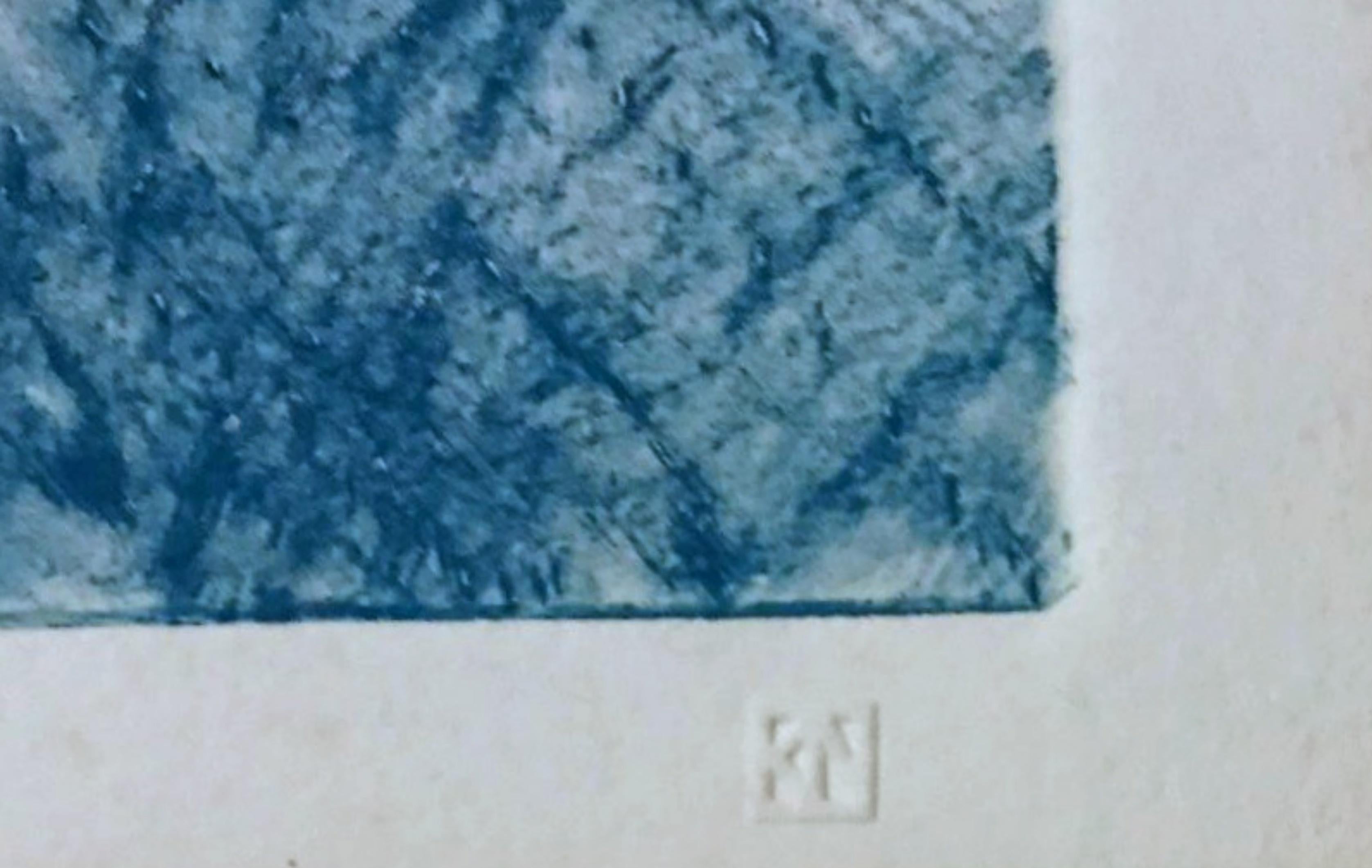 Monotypie mit Handmalerei, geometrische Kunst Famed Farbfeldmaler, signiert Gerahmt (Blau), Abstract Drawing, von Kenneth Noland