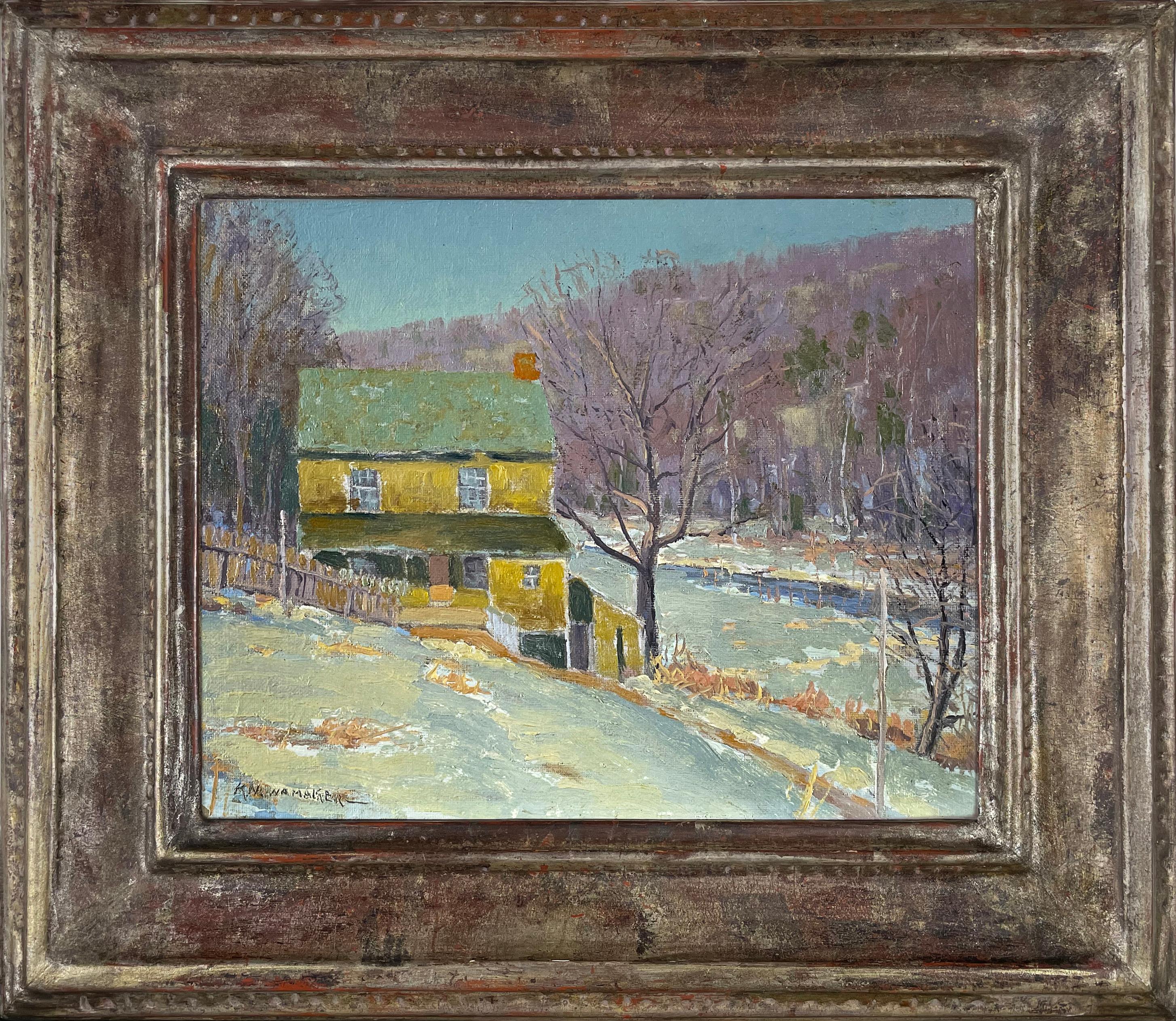 House in Center Bridge, Haus – Painting von Kenneth Nunamaker