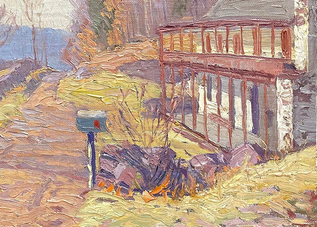 House in Center Bridge - Brown Landscape Painting by Kenneth Nunamaker