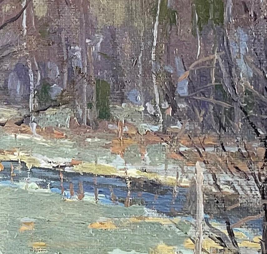 Kenneth Nunamaker (1890-1957)
House in Center Bridge, Haus
Öl auf Leinwand auf Karton, 8 x 10 Zoll (20,3 x 25,4 cm)
Signiert unten links: K. Nunamaker
Verso bezeichnet: K. Nunamaker / New Hope, Pa / R.D. Mittlere Brücke. / Zurück auf dem Lande / $50