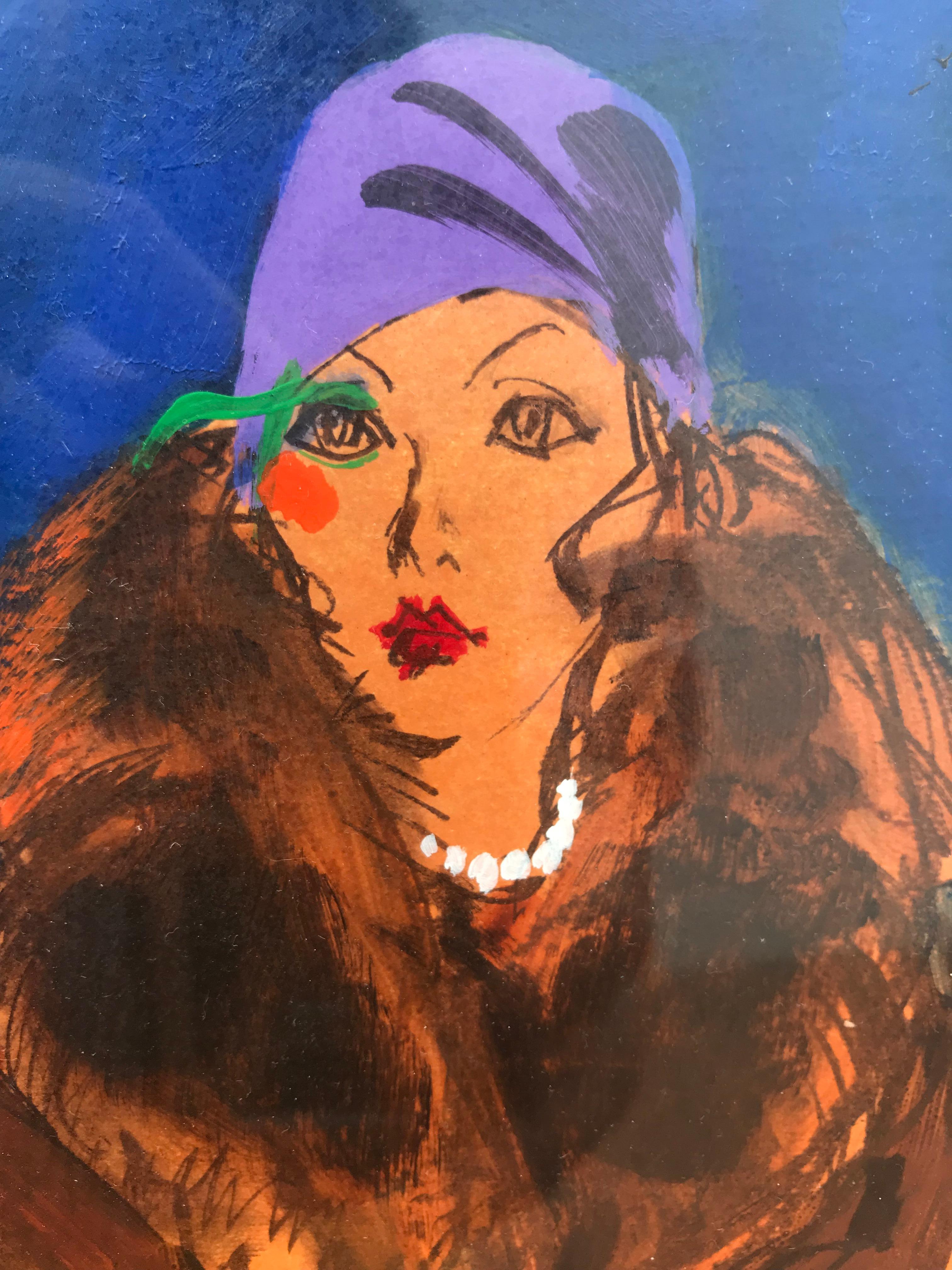 Woman with Purple Hat (Femme avec chapeau) - Modernisme américain Mixed Media Art par Kenneth Paul Block