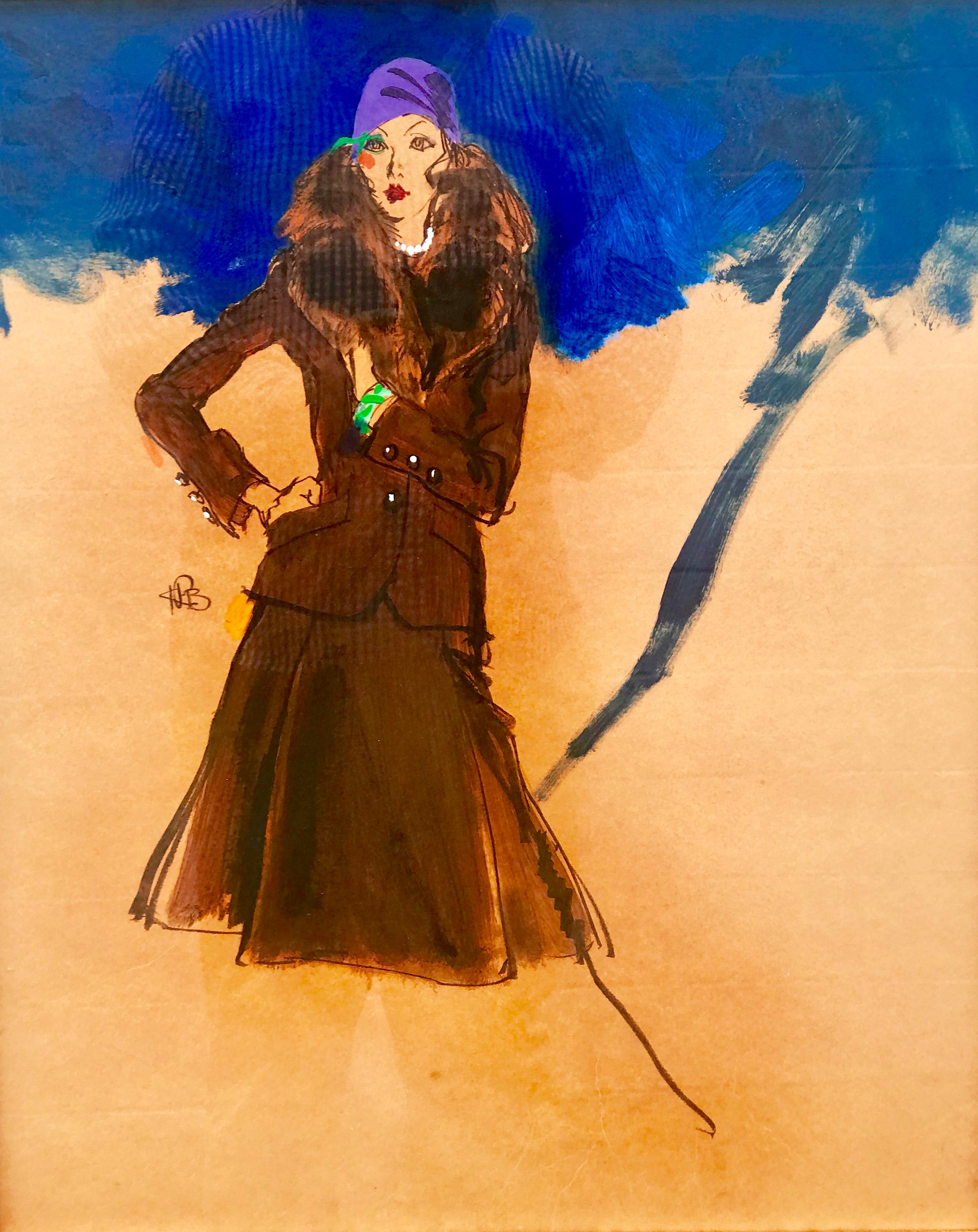 Frau mit lila Hut – Mixed Media Art von Kenneth Paul Block