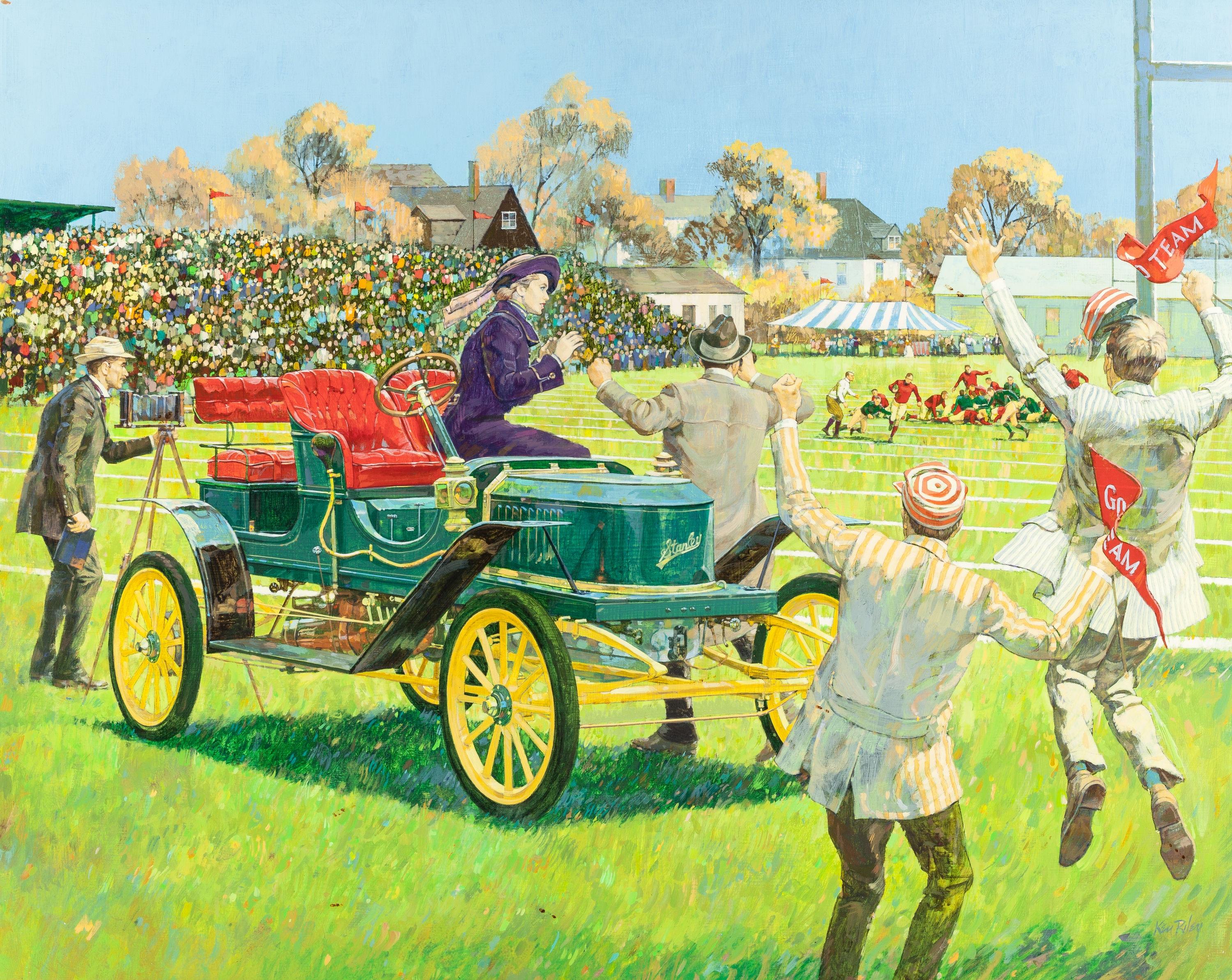 Back For the Big Game, 1909 Stanley Steamer, calendar illustration, Great Moments in Early American Motoring, 1970