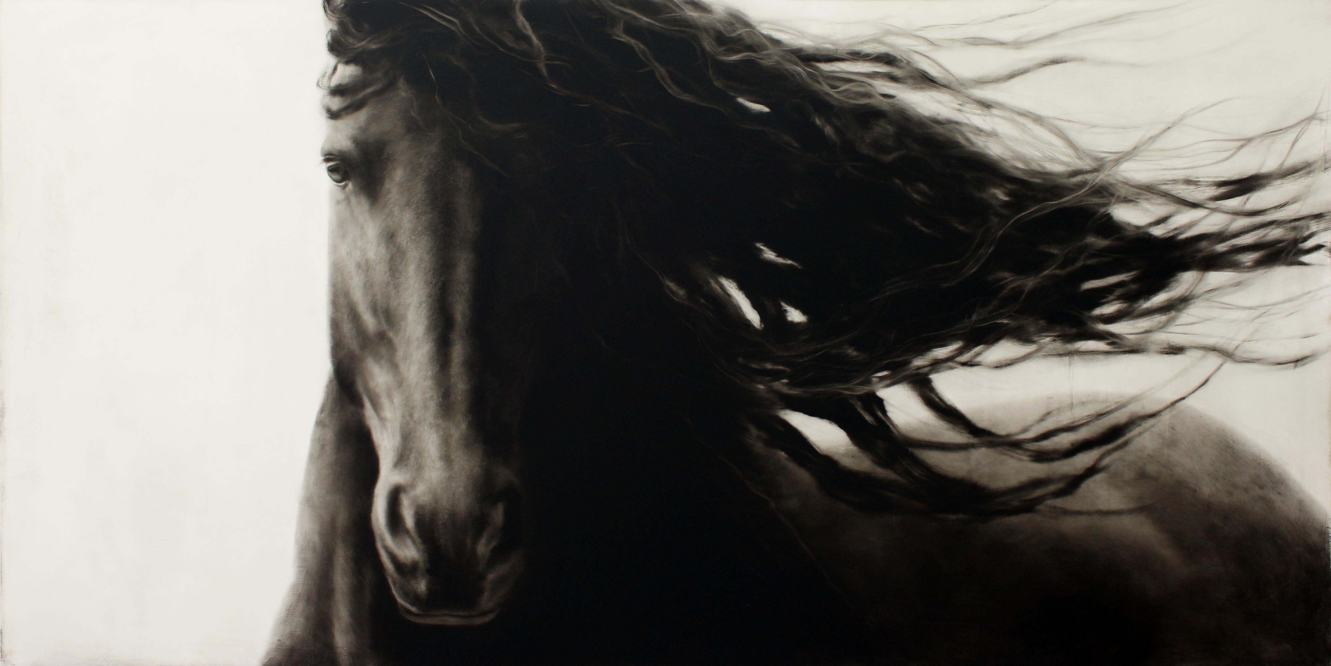 "Angelic" photorealist oil painting of a dark horse with white background