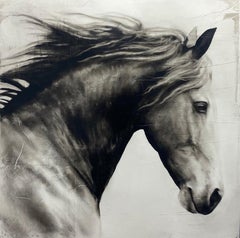 "Free Rein" black and white artistically distressed painting of horse's profile