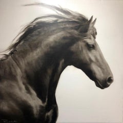 "With Grace" photorealistic oil painting of a dark horse with a white background