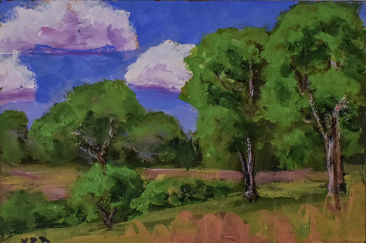 6.5 x 8.5 x .75 inches
oil on panel 
This painting depicts trees in a landscape made up of beautiful vivid lavender, green, blue, and blush tones. The color palette and impasto of the piece creates an interesting stylized effect. The small oil on