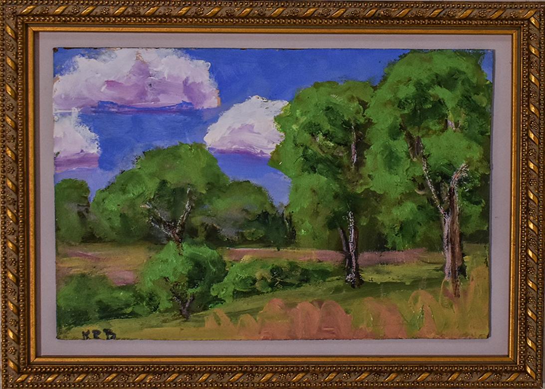 Kenneth R. Burssie Landscape Painting - Tree Trio (Oil on Canvas Landscape of Trees in a Field)