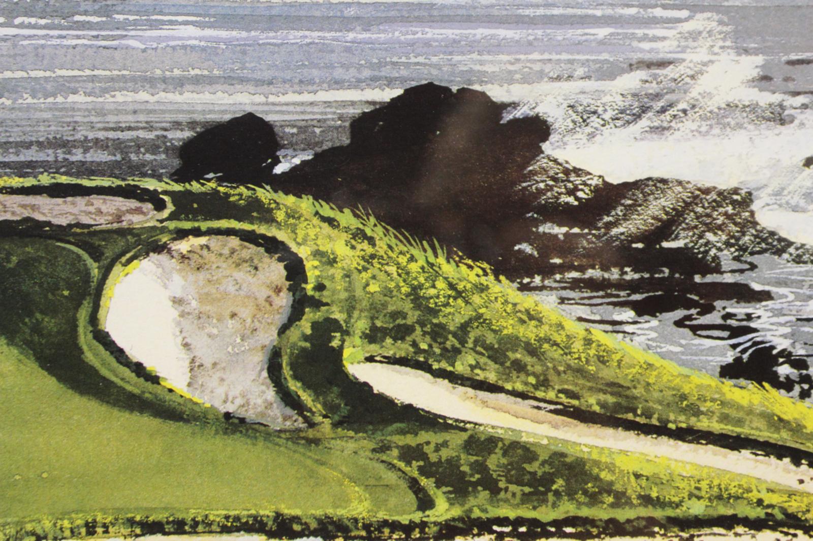 Classic golfing color plate (#831/ 950) by Kenneth Reed pencil signed (LR) depicting the famed 7th hole at Pebble Beach

 Print Sz: 19
