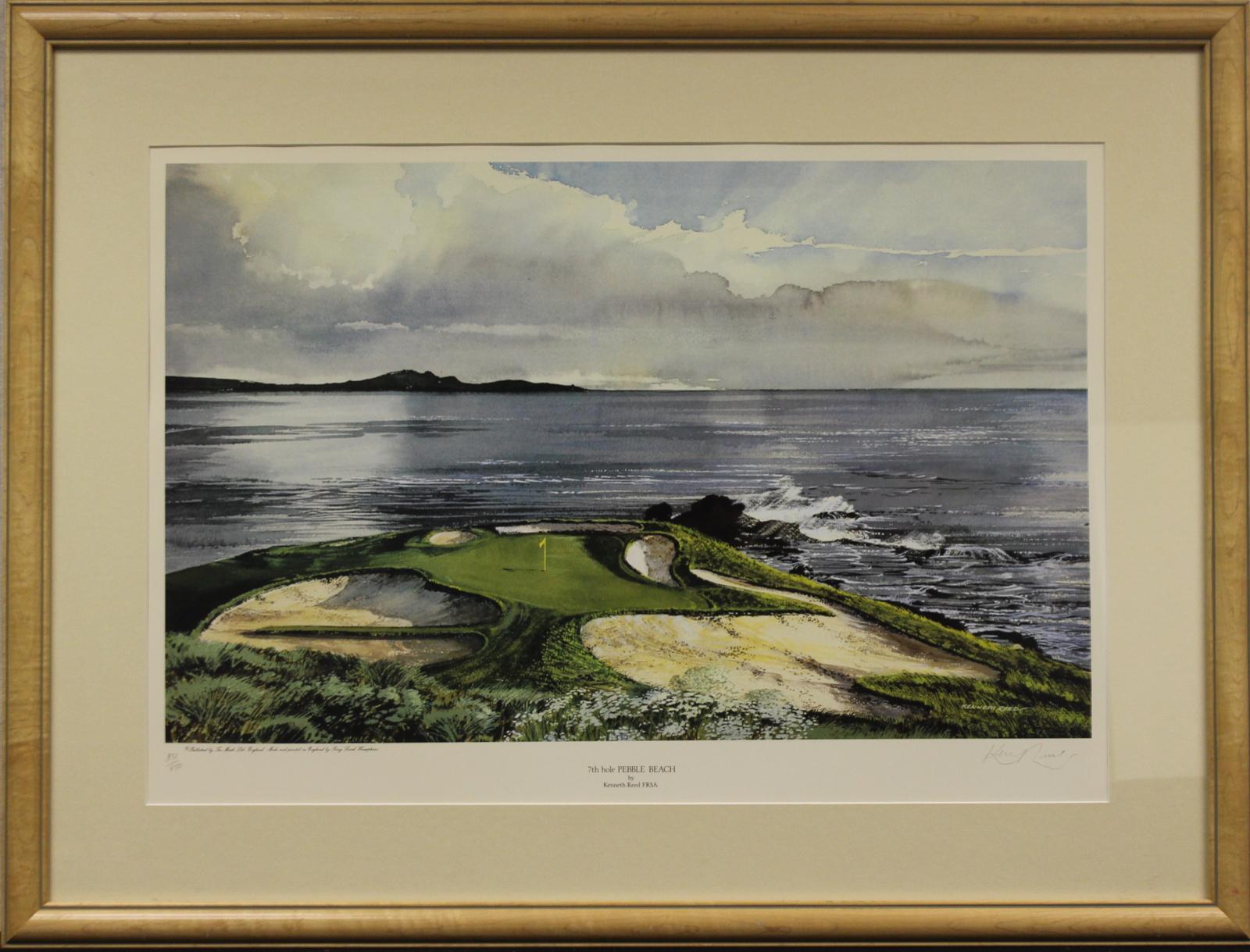 Classic golfing color plate (#831/ 950) by Kenneth Reed pencil signed (LR) depicting the famed 7th hole at Pebble Beach

 Print Sz: 19"H x 27 1/2"W

Frame Sz: 28"H x 36"W

w/ custom J Pocker oak frame

Pebble Beach Golf Links was just a year old