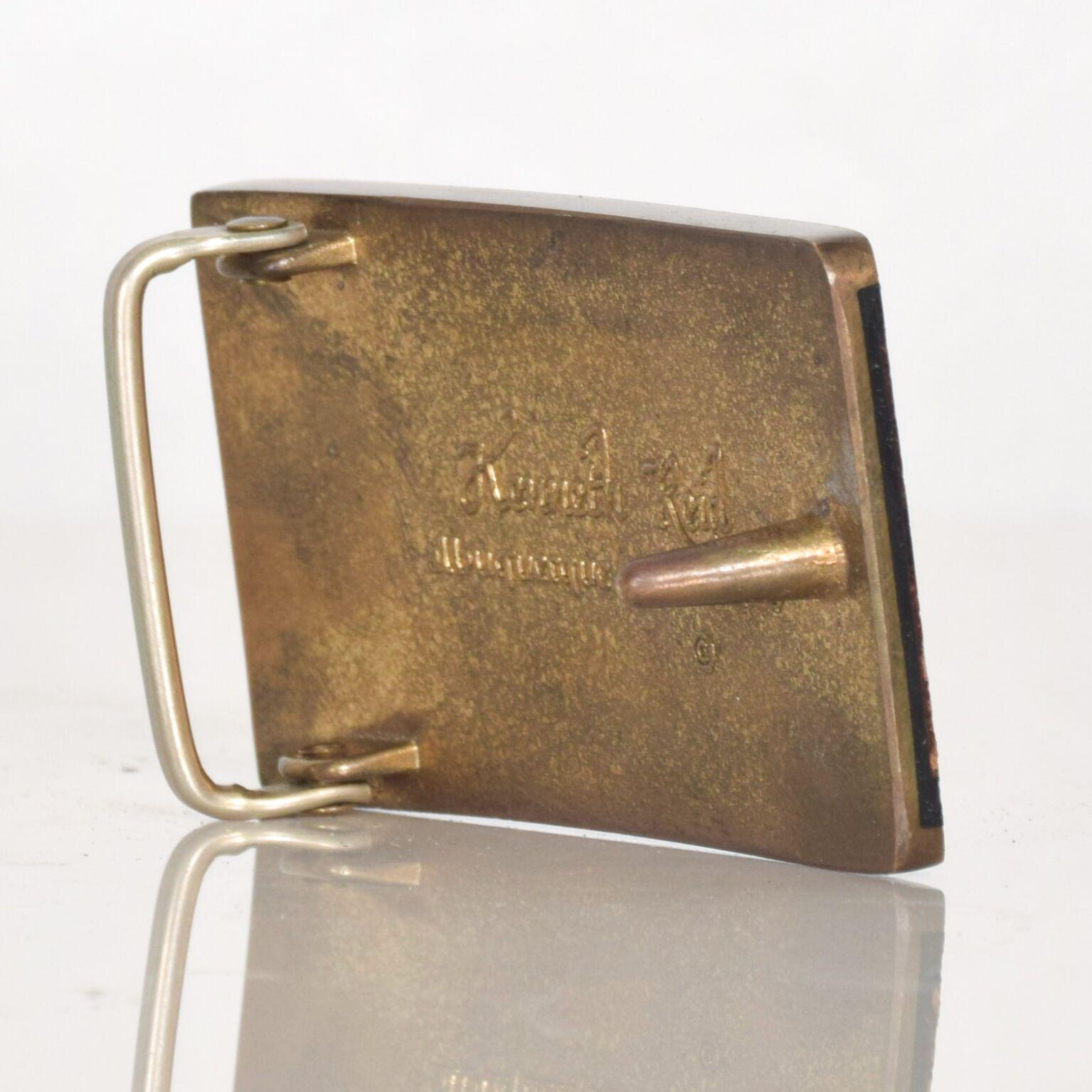 Mid-Century Modern 1970s Kenneth Reid New Mexico Urban Cowboy Brass and Wood Stripe Belt Buckle