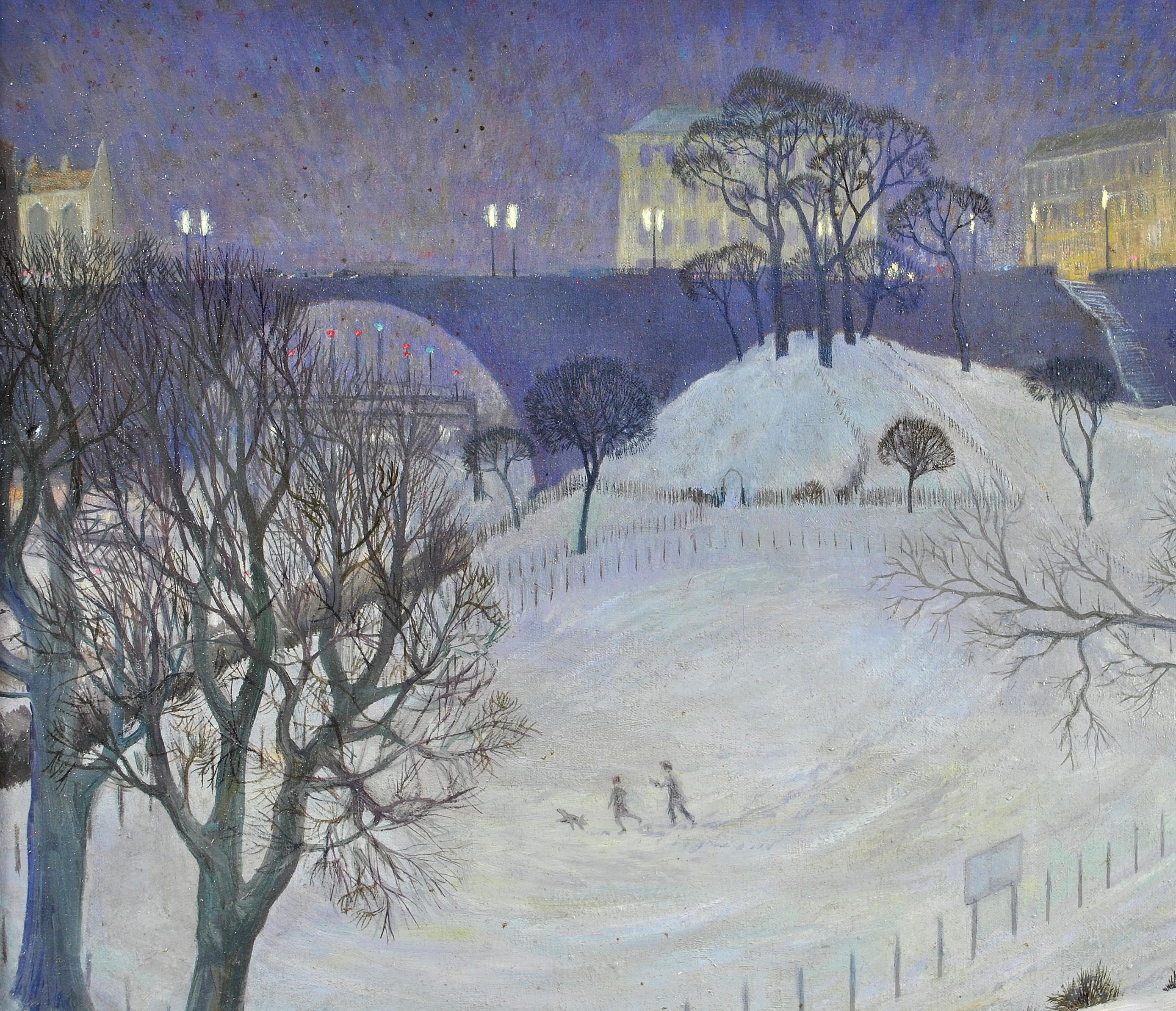 A wonderful 1960's oil on canvas by Scottish artist Kenneth Roberts depicting a snow covered winter landscape with figures walking and a dog.

The work is inscribed ''Winter Gardens '' on the reverse and is believed to depict Union Terrace Gardens