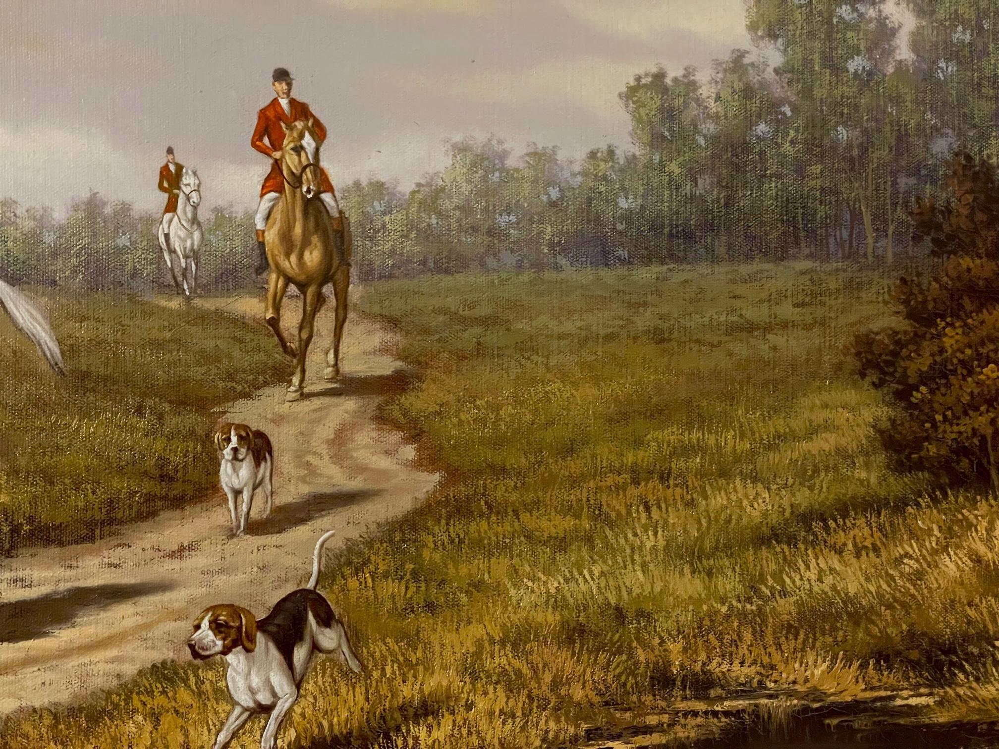 Ölgemälde von Pferden und Hunden auf einer Landstraße, ist dies eine zeitgenössische 20. Jahrhundert Landschaft Gemälde in ausgezeichnetem Zustand.  Die Farben sind klar und zeigen in der Mitte ein weißes Pferd mit einem traditionellen Reiter in