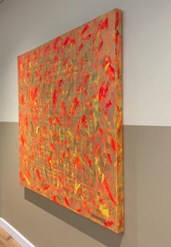 Gran cuadro abstracto contemporáneo dorado y naranja cálido de Kenneth Strandby