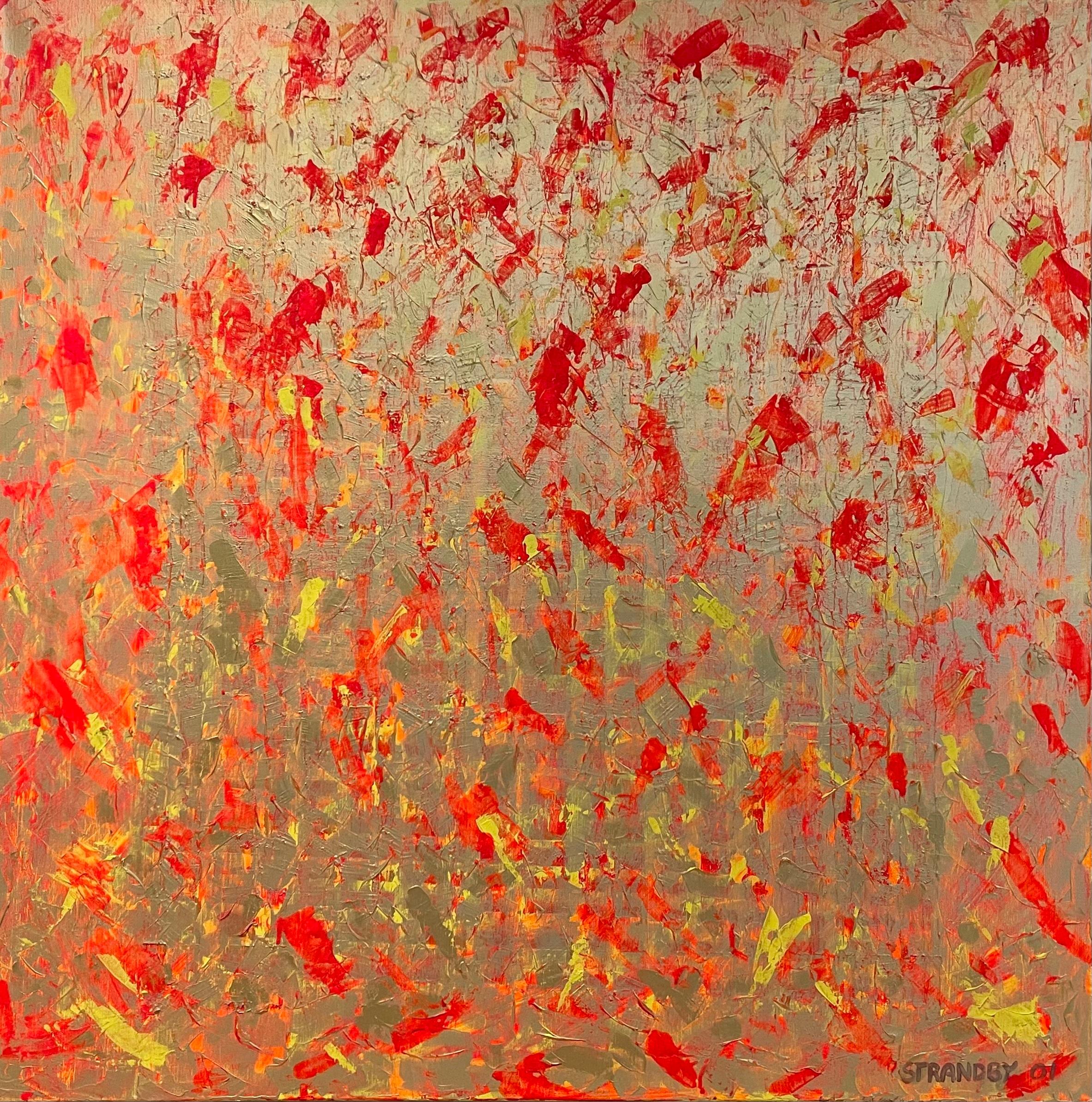 Presenting a large gold, orange, and yellow contemporary abstract painting by Danish (Scandinavian) artist Kenneth Strandby (1960 - ). With its color and its large size the painting has a warm and alluring visual effect. 

Originally the painting is