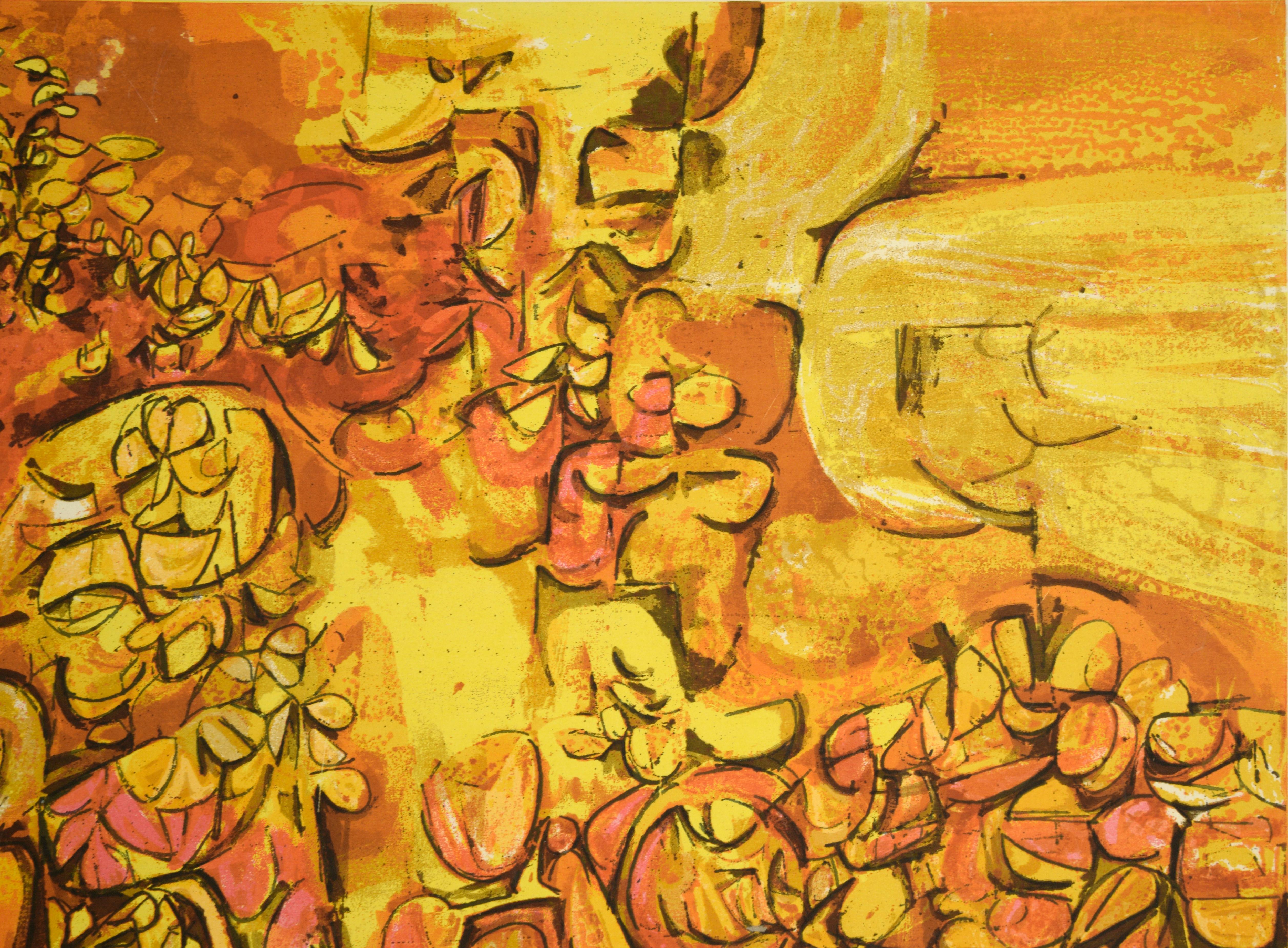 Wonderful mid-century abstract serigraph by Kenneth William Auvil (American, b. 1925.) This serigraph features botanical and floral motifs in a bright color palette of yellows and oranges, contrasted with warm reds and umbers. Throughout the piece