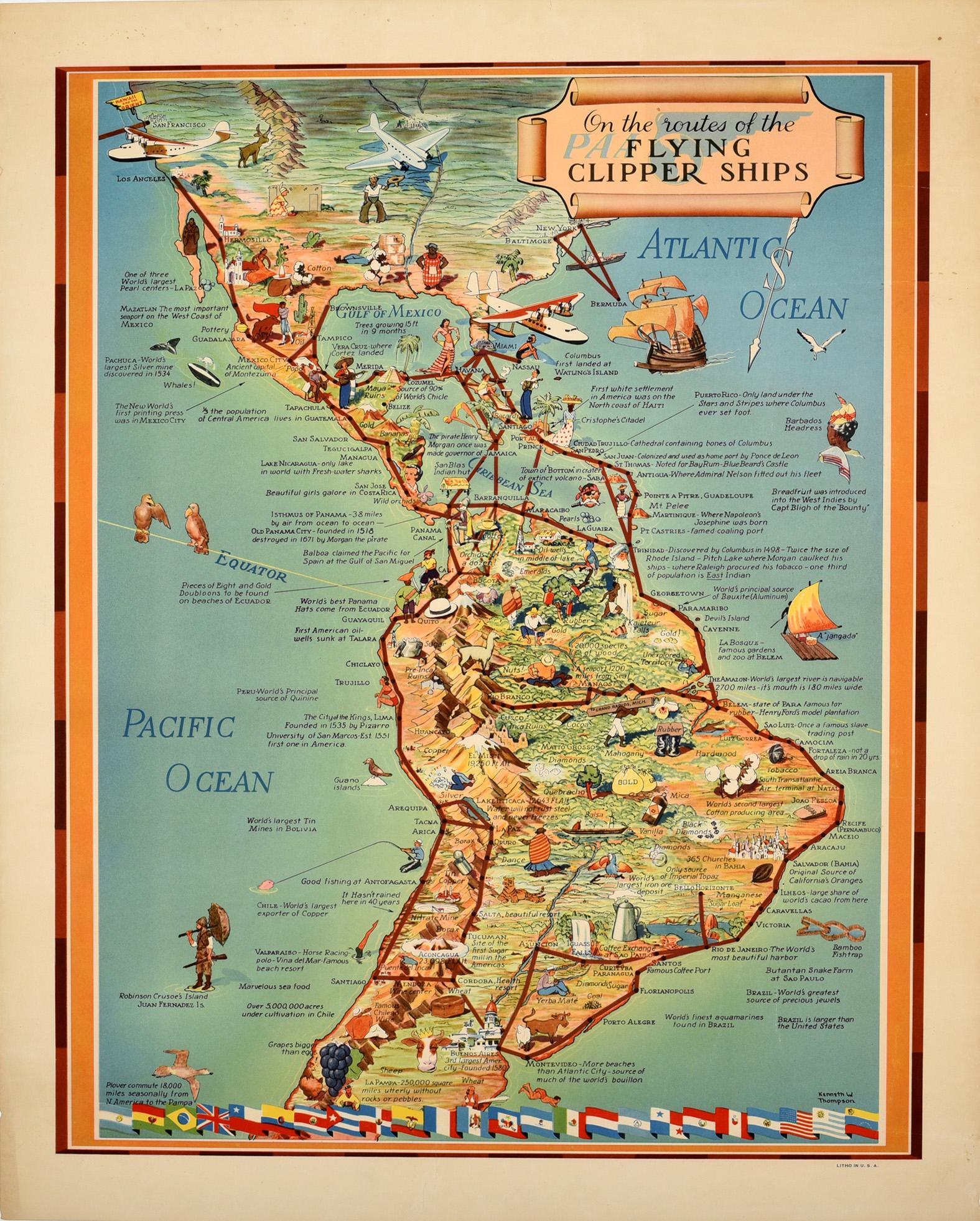 Kenneth W. Thompson Print - Original Vintage Travel Poster Pan Am Flying Clipper Ships South America Map