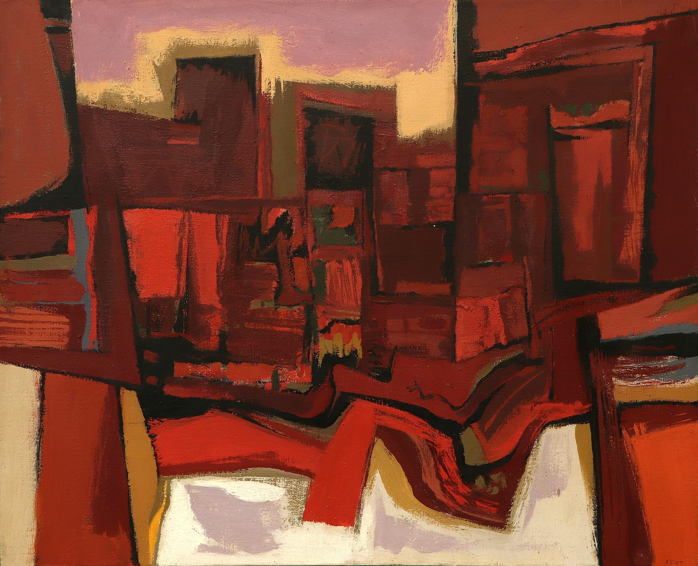 Arizona, Quadro a olio astratto incorniciato del 1955, rosa arancio, lilla, nero - Painting di Kenneth Warnock Evett