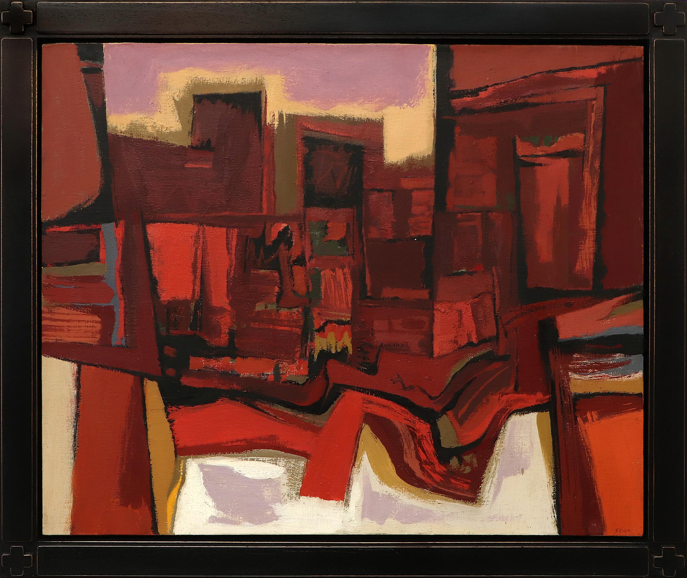 Kenneth Warnock Evett Abstract Painting - Arizona, Framed 1955 Abstract Oil Painting, Orange Pink, Lilac, Black