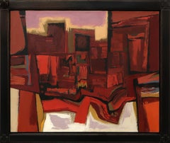 Arizona, Framed 1955 Abstract Oil Painting, Orange Pink, Lilac, Black