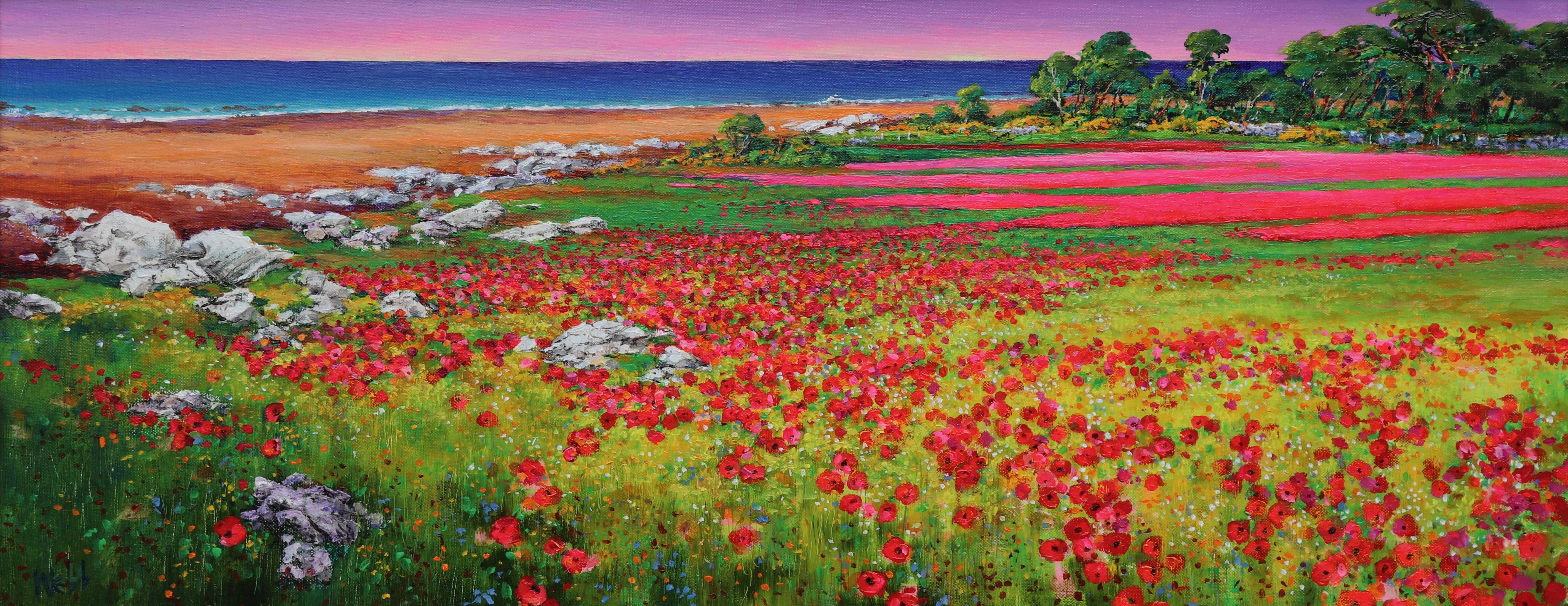 Arrendamiento de verano - Campo de amapolas vibrante y pintura de paisaje costero - Painting de Kenneth Webb