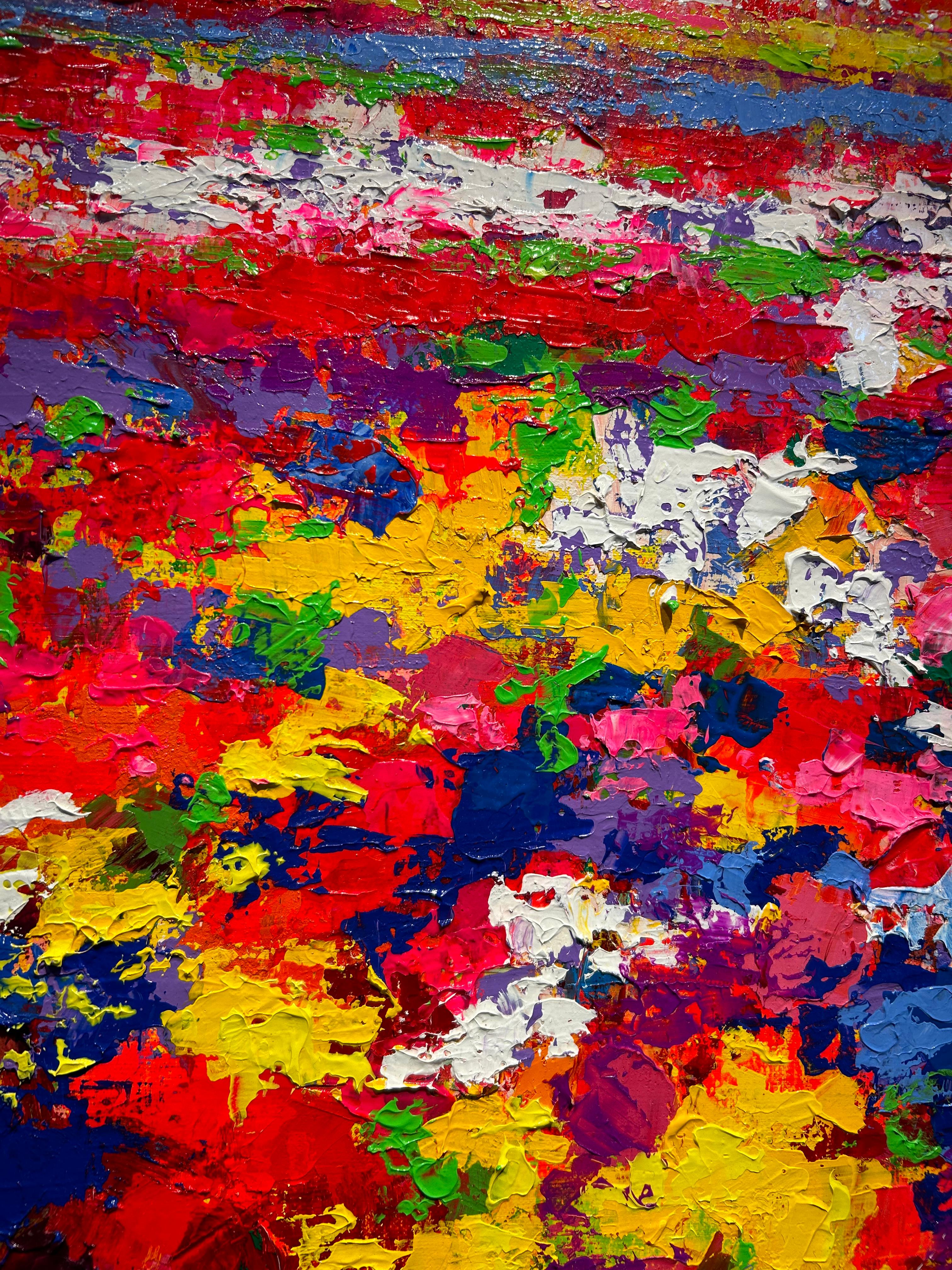 Dieses lebhafte abstrakte Gemälde fängt die faszinierende Schönheit eines Wildblumenfeldes in voller Blüte ein. Explosionen von leuchtenden Farben - Rot, Blau, Gelb, Violett und Grün - fügen sich harmonisch zusammen und erwecken ein Gefühl von