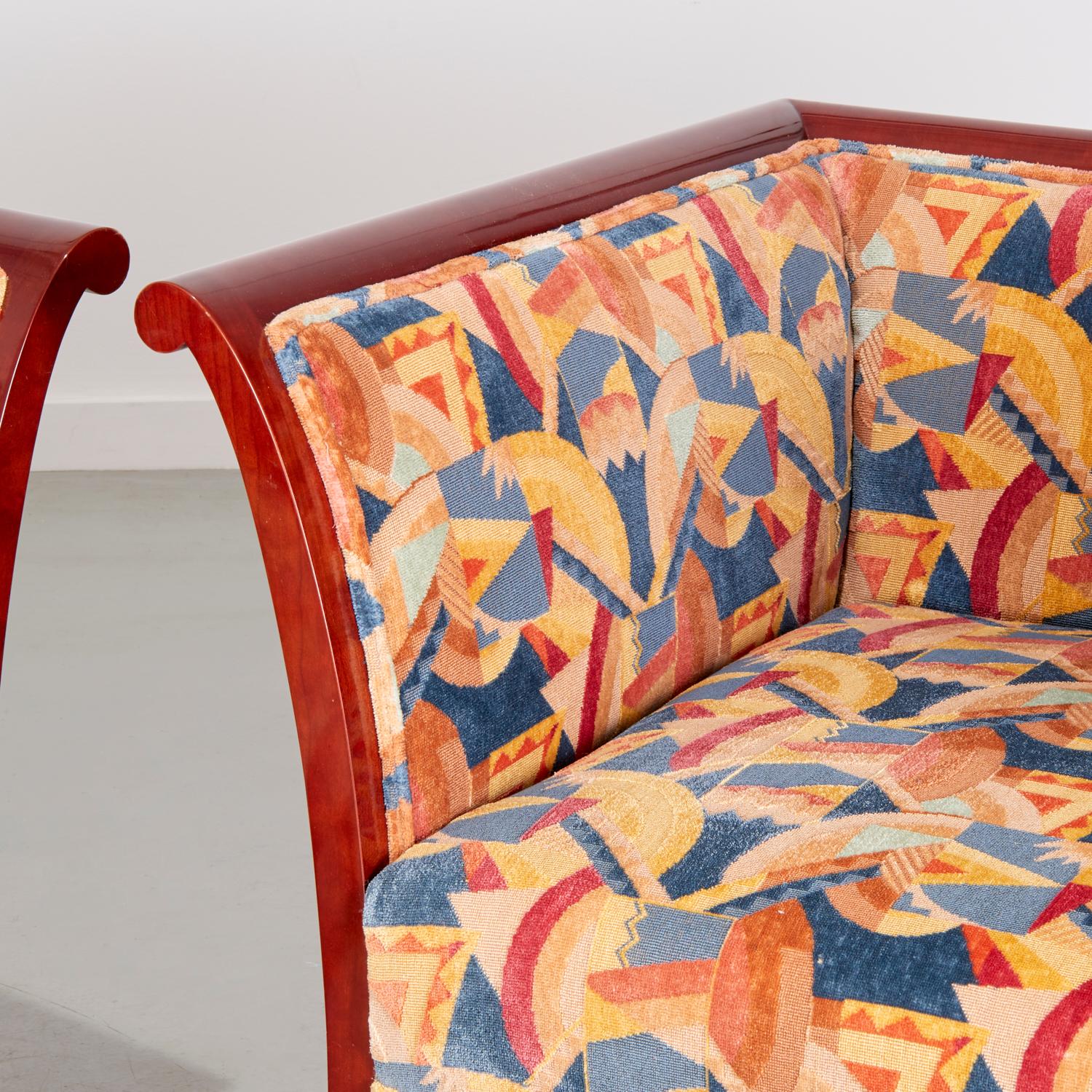 American Kenneth Winslow Club Chairs in Deco Inspired Clarence House Cut Velvet Jacquard 