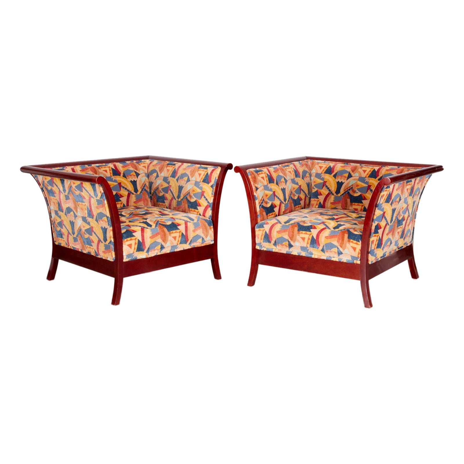 Kenneth Winslow Club Chairs in Deco Inspired Clarence House Cut Velvet Jacquard