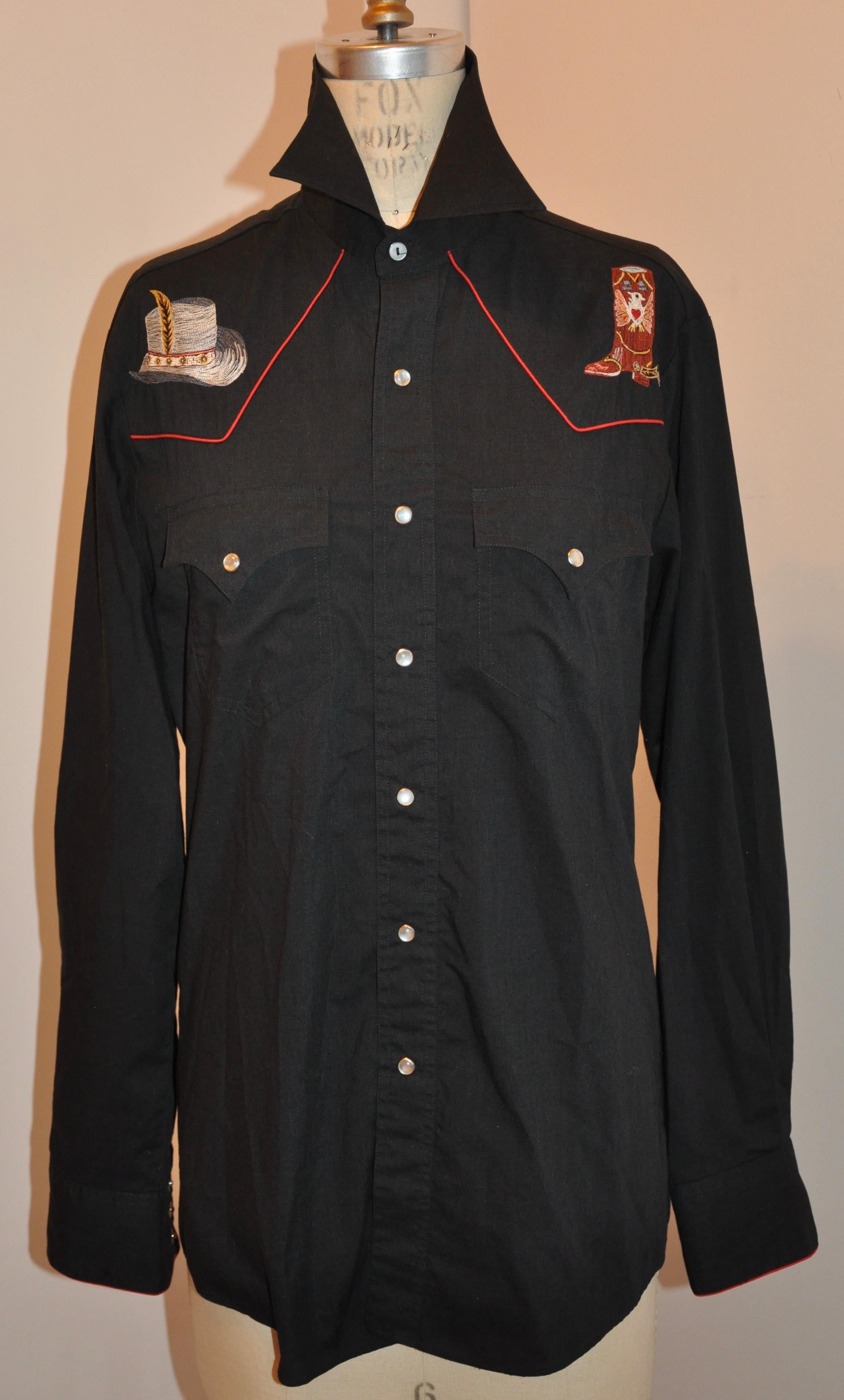 Kennington Tapered Rocking Ranch Detailed Embroidered Black Cotton Shirt  For Sale 3