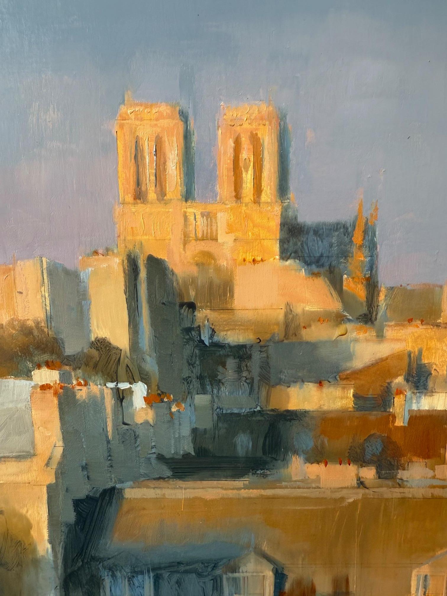 Les toits de Paris au coucher du soleil - Réalisme Painting par kenny harris
