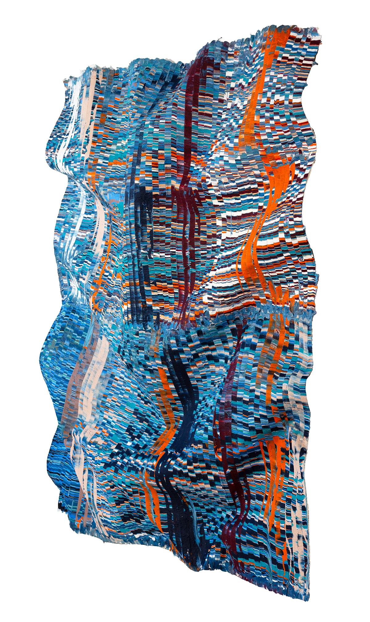 Vertikale Seidenmalerei in Blau und Orange, Contemporary Abstract Art im Angebot 1