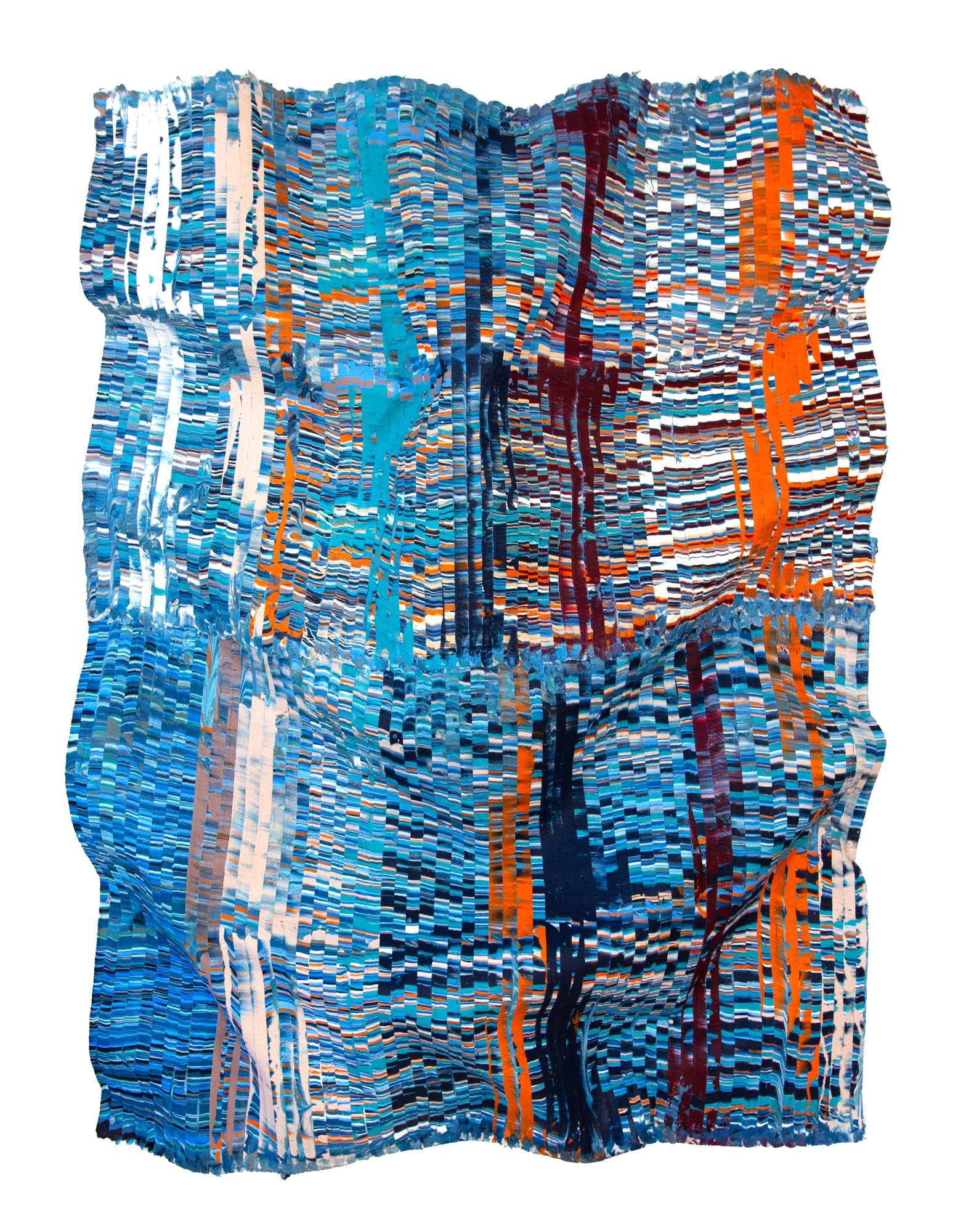 Vertikale Seidenmalerei in Blau und Orange, Contemporary Abstract Art