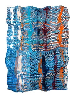 Quadro verticale dimensionale in seta blu e arancione, arte astratta contemporanea