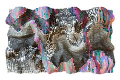 Quadro orizzontale dimensionale rosa e blu su seta, arte astratta contemporanea