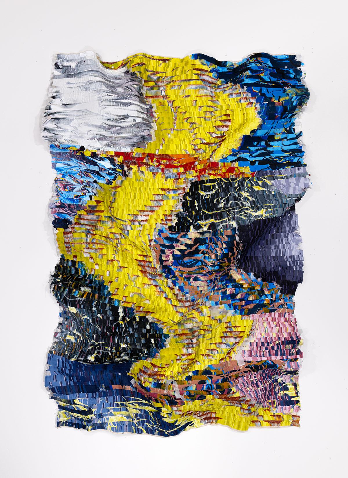Dimensionales Gelb, Blau, Weiß Seidengemälde, Contemporary Abstract Art