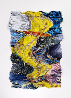 Quadro dimensionale su seta giallo, blu e bianco, arte astratta contemporanea