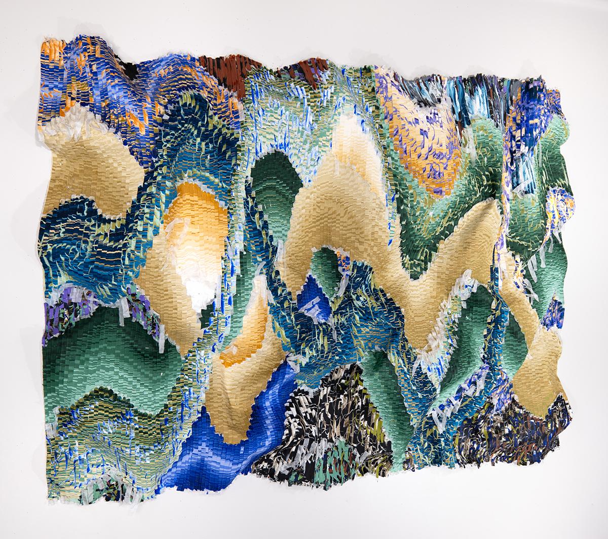 Kenny Nguyen
Serie Eruption Nr. 43, 2024
Handgeschnittener Seidenstoff, Acrylfarbe, Leinwand, an die Wand montiert
83 x 113 Zoll
210.82 x 287.02 cm
Gewellt Abmessungen (ca.): 78 x 106 x 5 Zoll
KN062

Kenny Nguyen (geb. 1990, Provinz Ben Tre,
